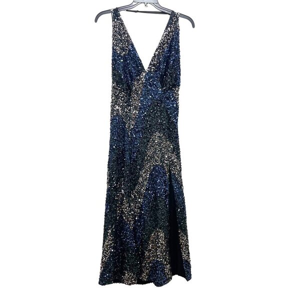Free People NWT Blue Black Silver Sequined Halter Neck Party Prom Dress Large - Picture 2 of 8